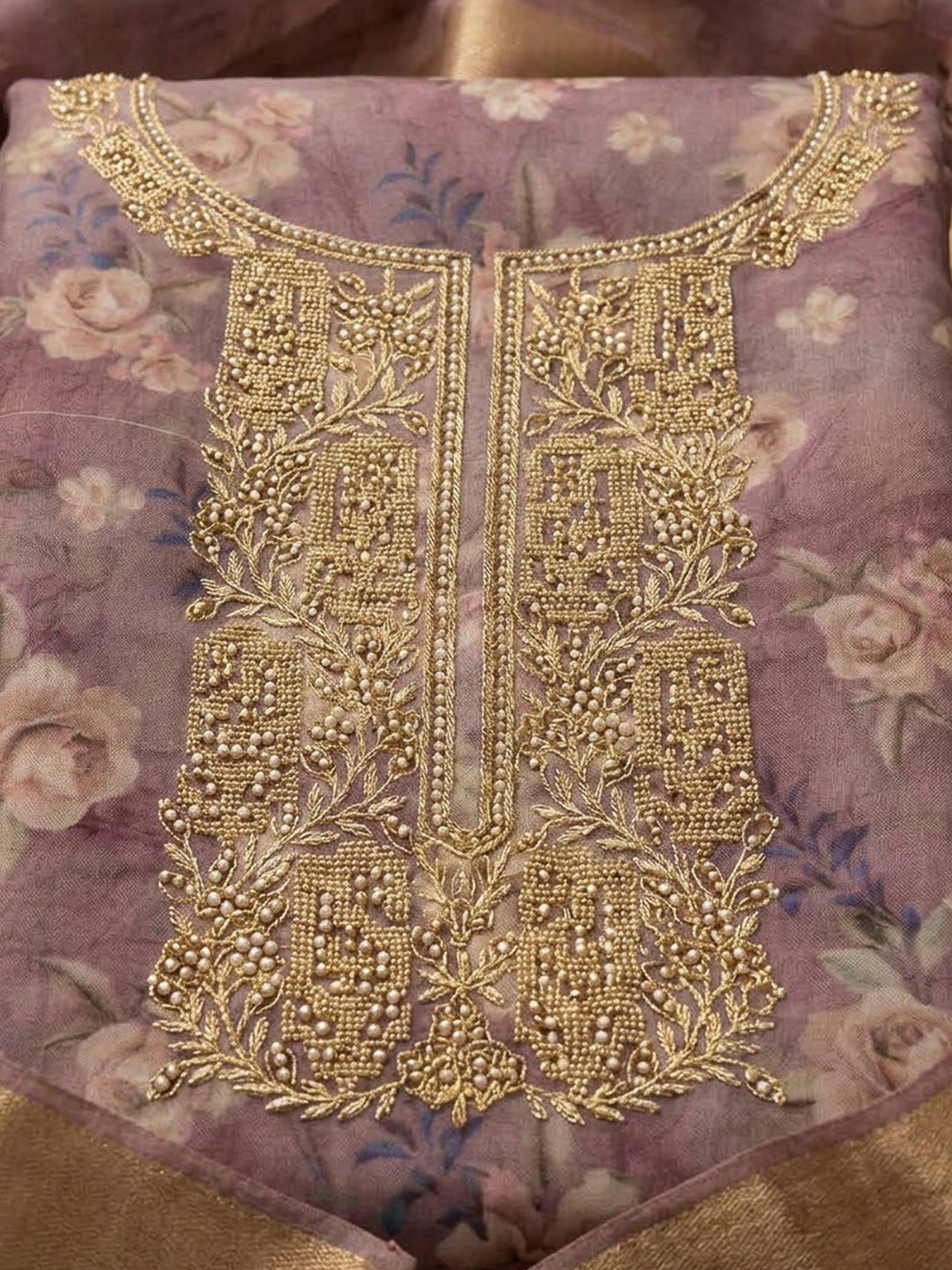 Lavender Tissue Embroidered Unstitched Dress Material