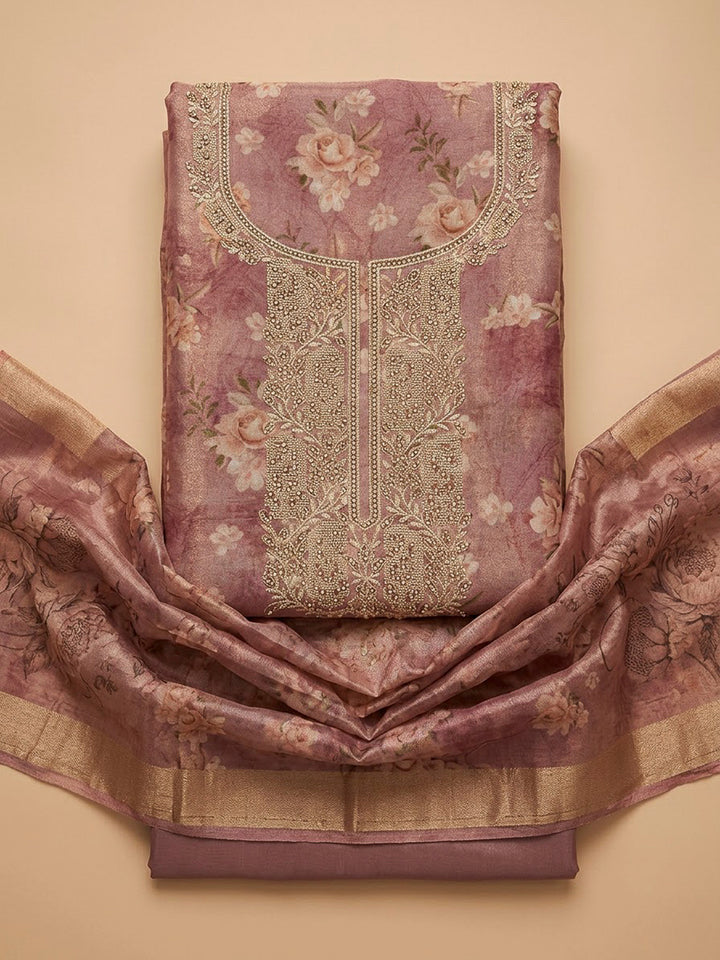 Onion Pink Tissue Embroidered Unstitched Dress Material