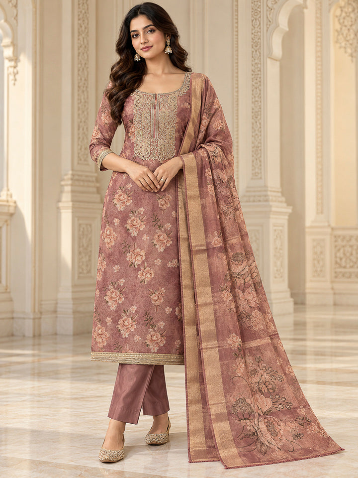 Onion Pink Tissue Embroidered Unstitched Dress Material