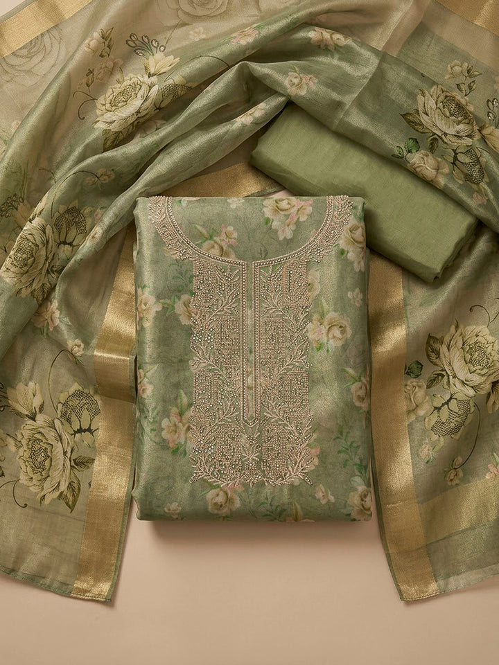 Pista Green Tissue Embroidered Unstitched Dress Material