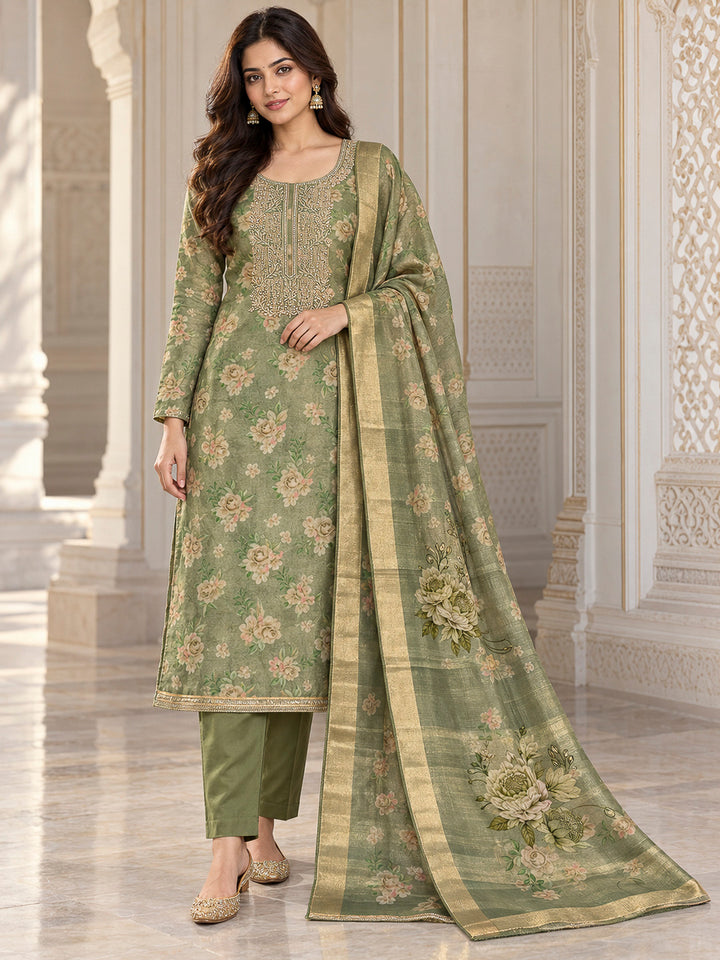 Pista Green Tissue Embroidered Unstitched Dress Material