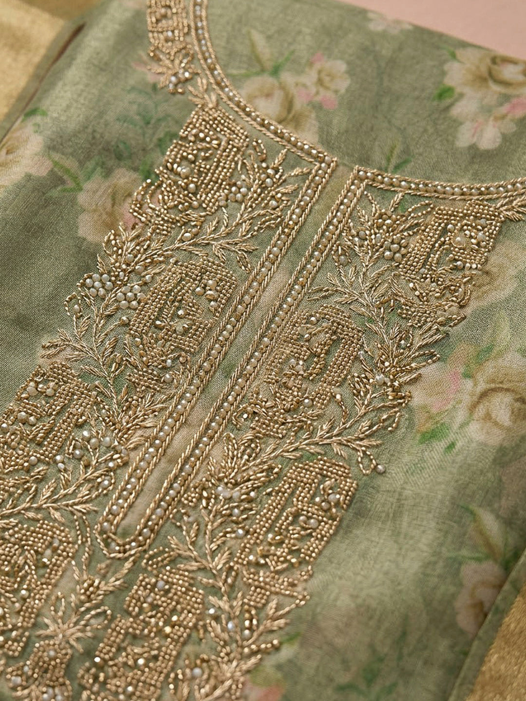 Pista Green Tissue Embroidered Unstitched Dress Material