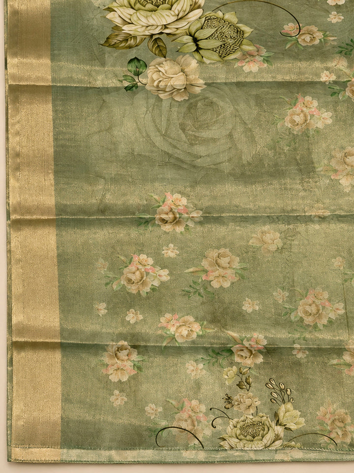 Pista Green Tissue Embroidered Unstitched Dress Material