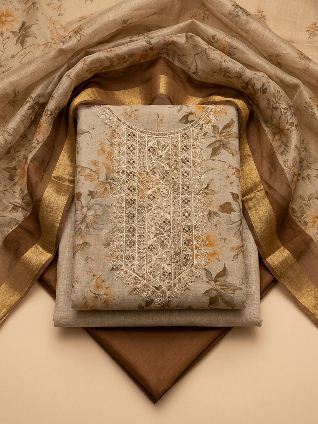 Beige Tissue Embroidered Unstitched Dress Material