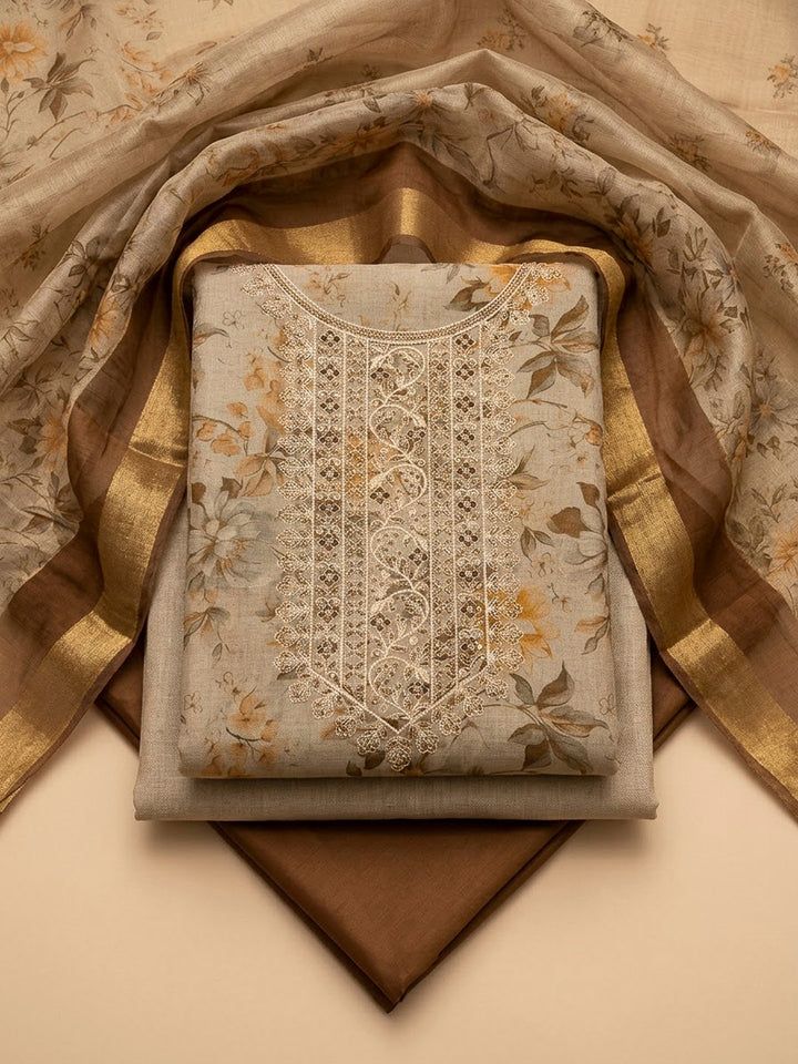 Beige Tissue Embroidered Unstitched Dress Material