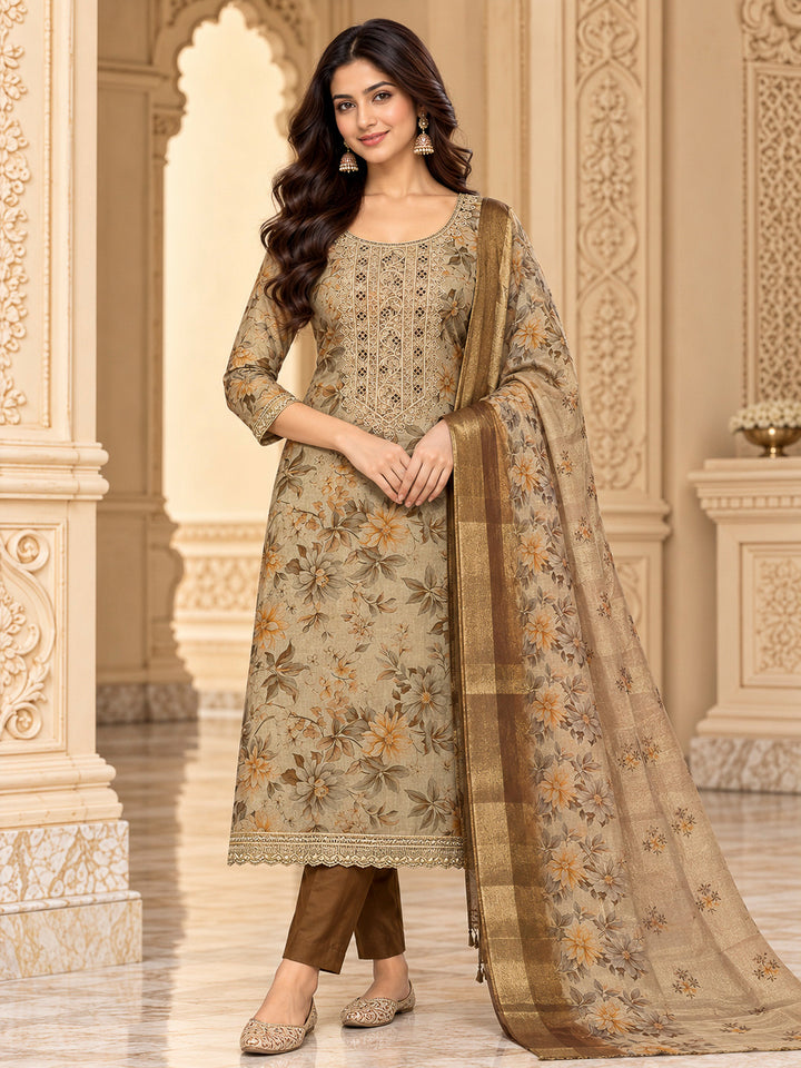 Beige Tissue Embroidered Unstitched Dress Material
