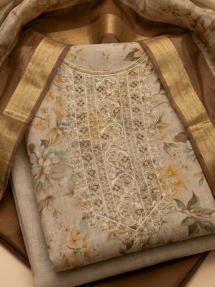 Beige Tissue Embroidered Unstitched Dress Material