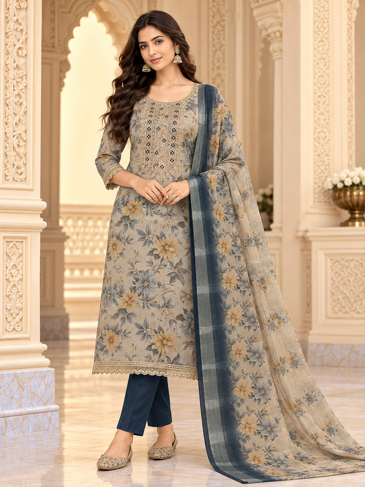 Grey Tissue Embroidered Unstitched Dress Material
