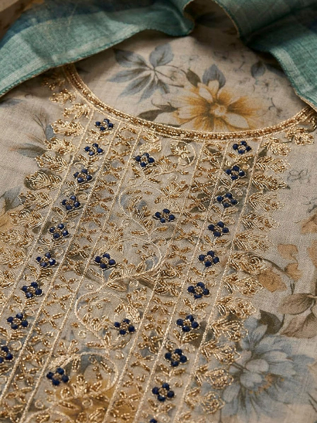 Grey Tissue Embroidered Unstitched Dress Material
