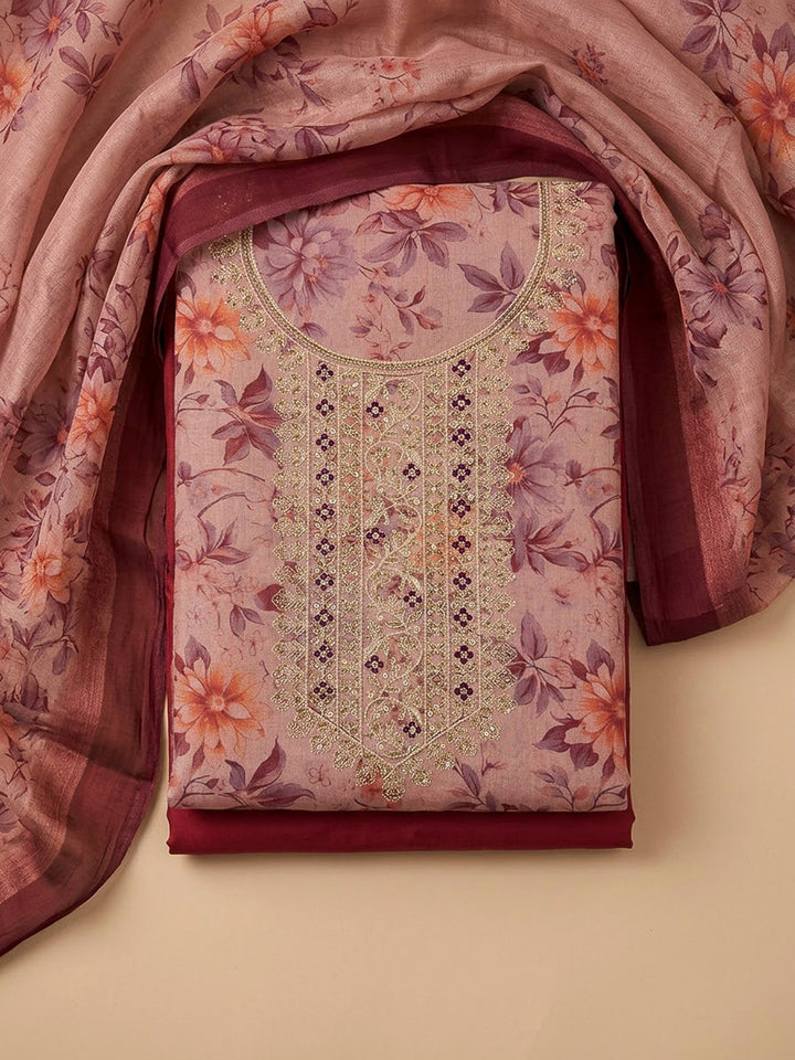 Onion Pink Tissue Embroidered Unstitched Dress Material