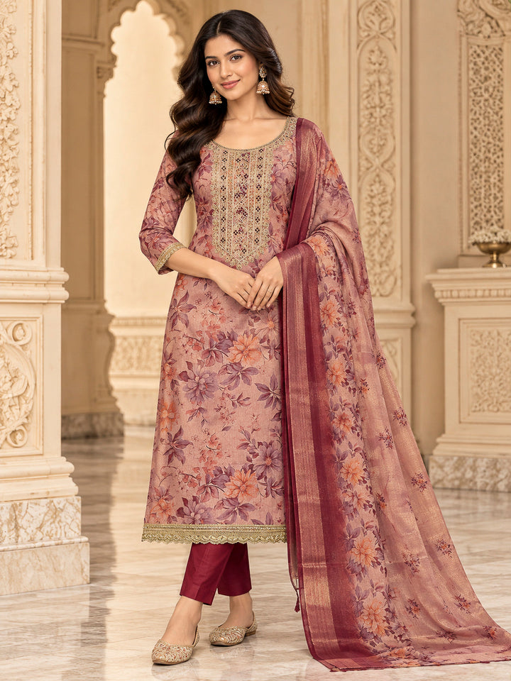 Onion Pink Tissue Embroidered Unstitched Dress Material