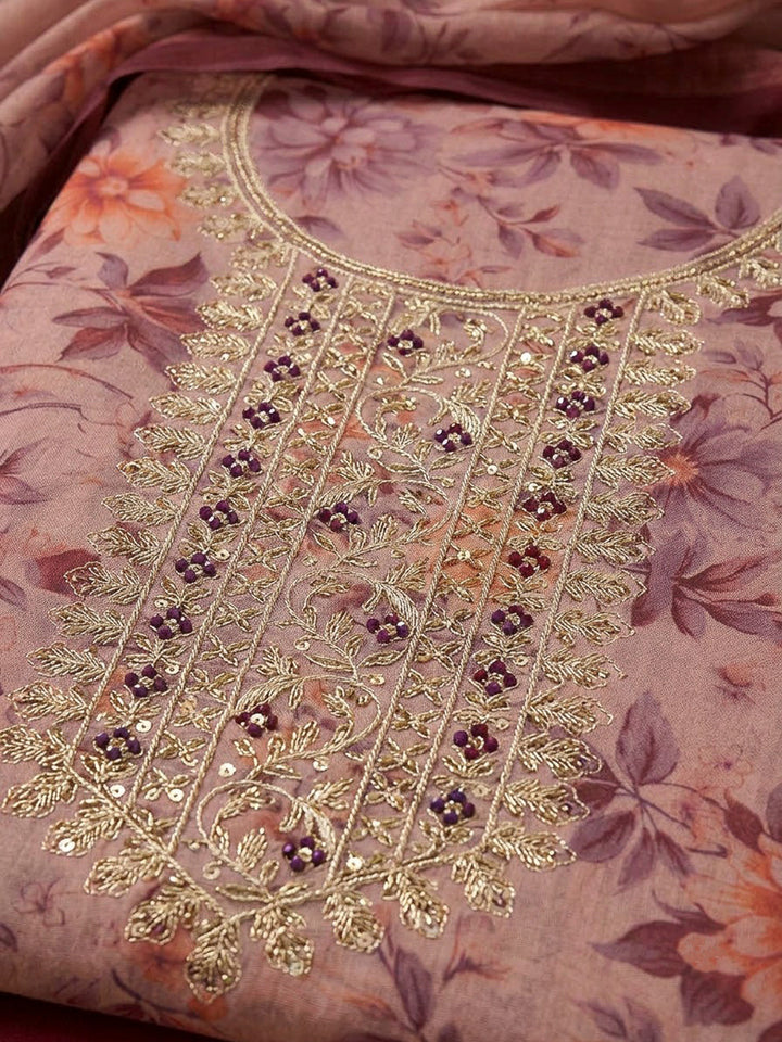 Onion Pink Tissue Embroidered Unstitched Dress Material