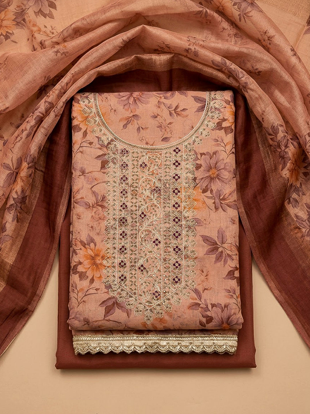 Peach Tissue Embroidered Unstitched Dress Material