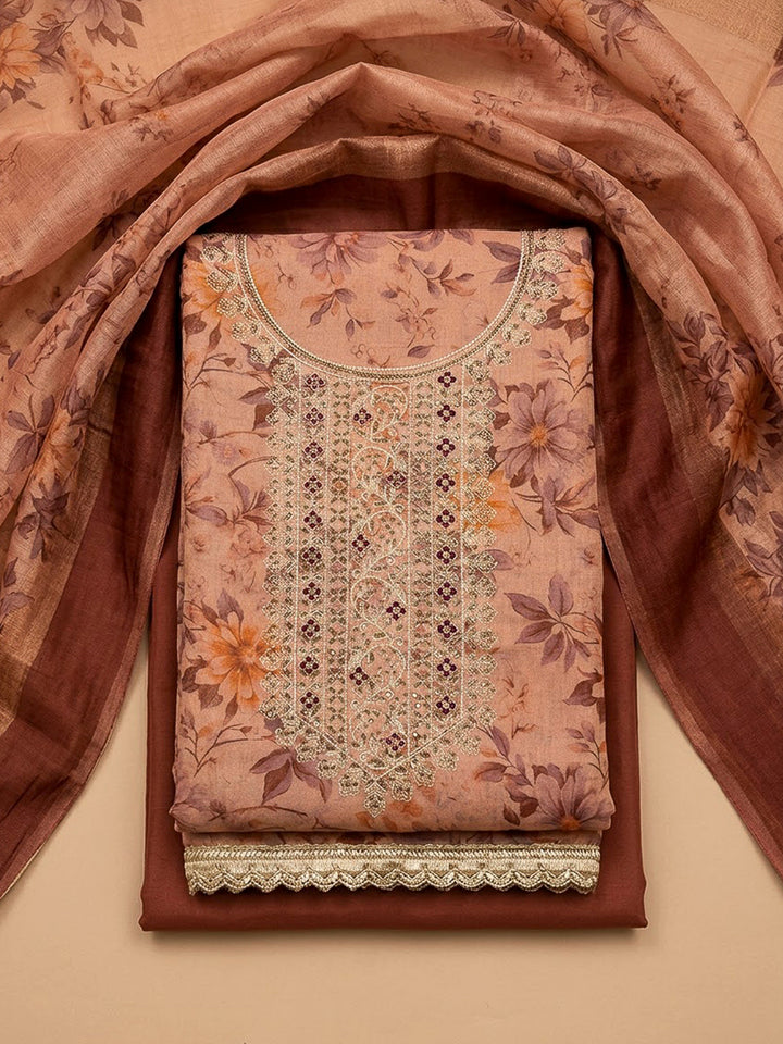 Peach Tissue Embroidered Unstitched Dress Material