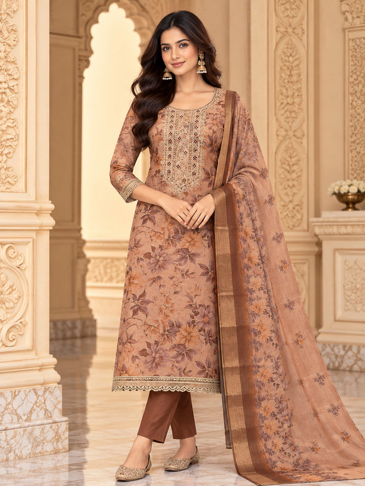 Peach Tissue Embroidered Unstitched Dress Material