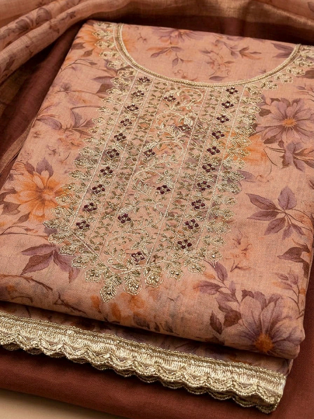 Peach Tissue Embroidered Unstitched Dress Material