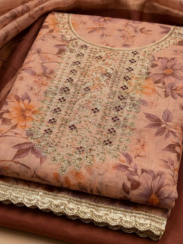 Peach Tissue Embroidered Unstitched Dress Material