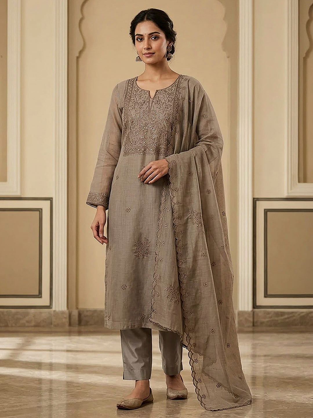 Grey Chanderi Embroidered Unstitched Dress Material