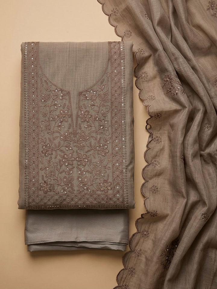 Grey Chanderi Embroidered Unstitched Dress Material