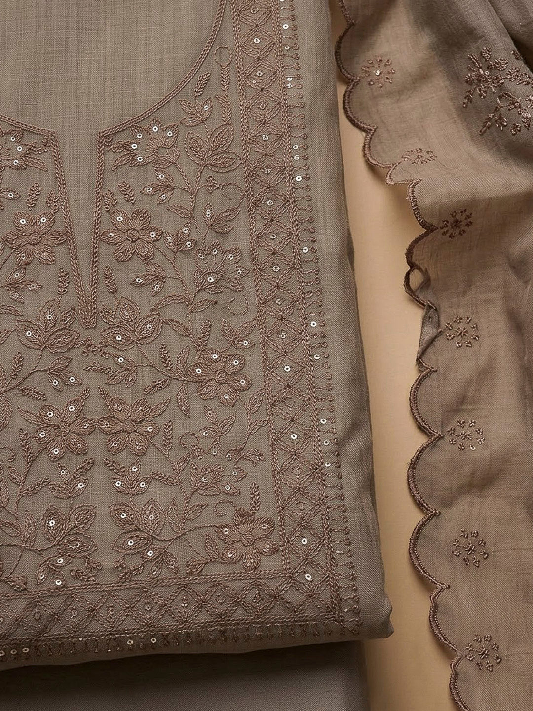 Grey Chanderi Embroidered Unstitched Dress Material