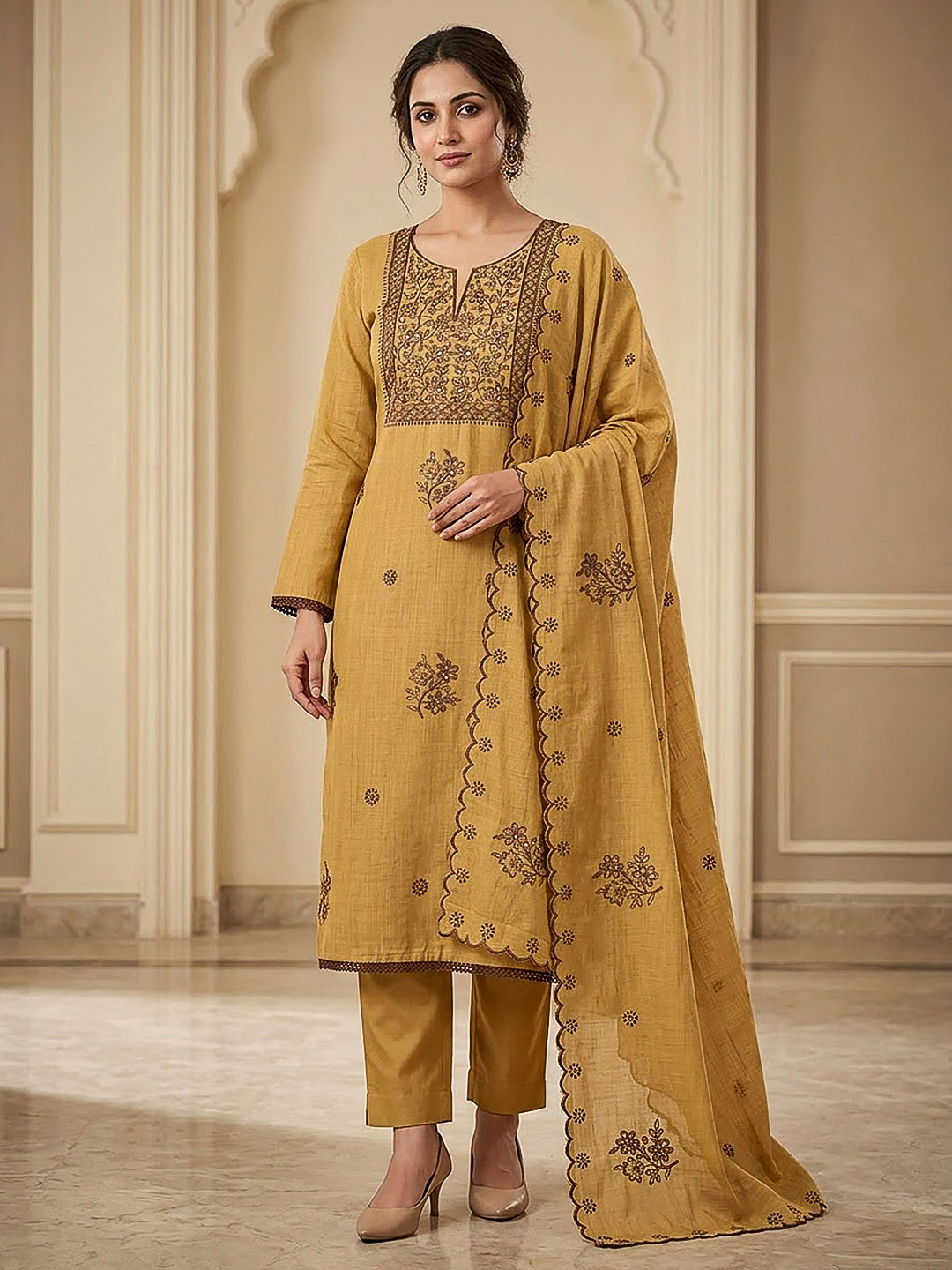 Mustard Chanderi Embroidered Unstitched Dress Material