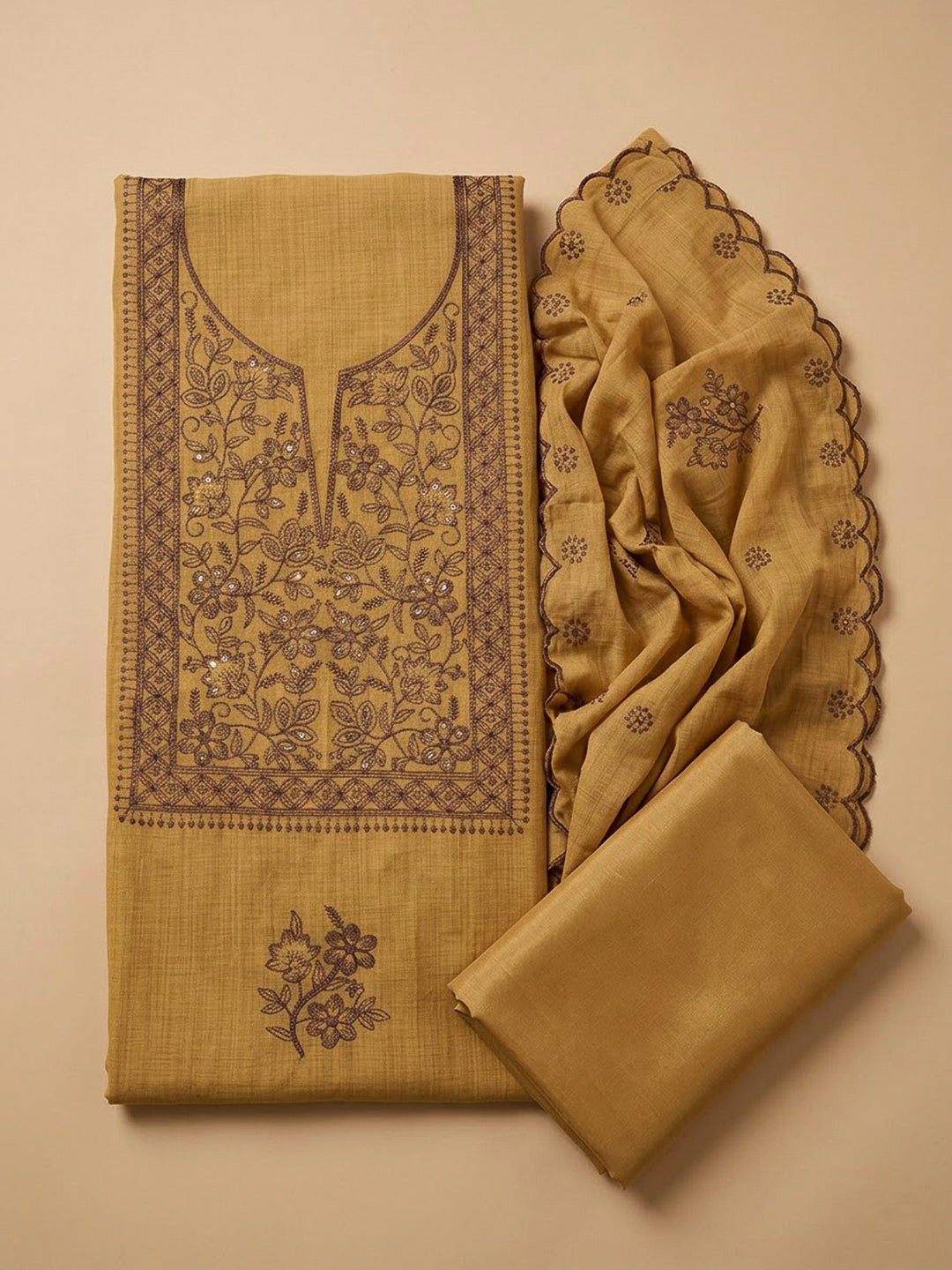 Mustard Chanderi Embroidered Unstitched Dress Material