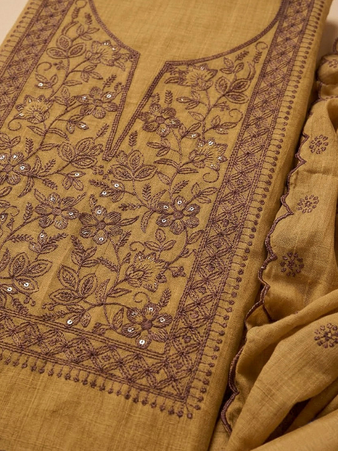 Mustard Chanderi Embroidered Unstitched Dress Material