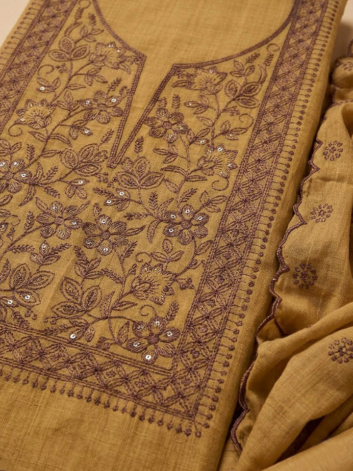 Mustard Chanderi Embroidered Unstitched Dress Material