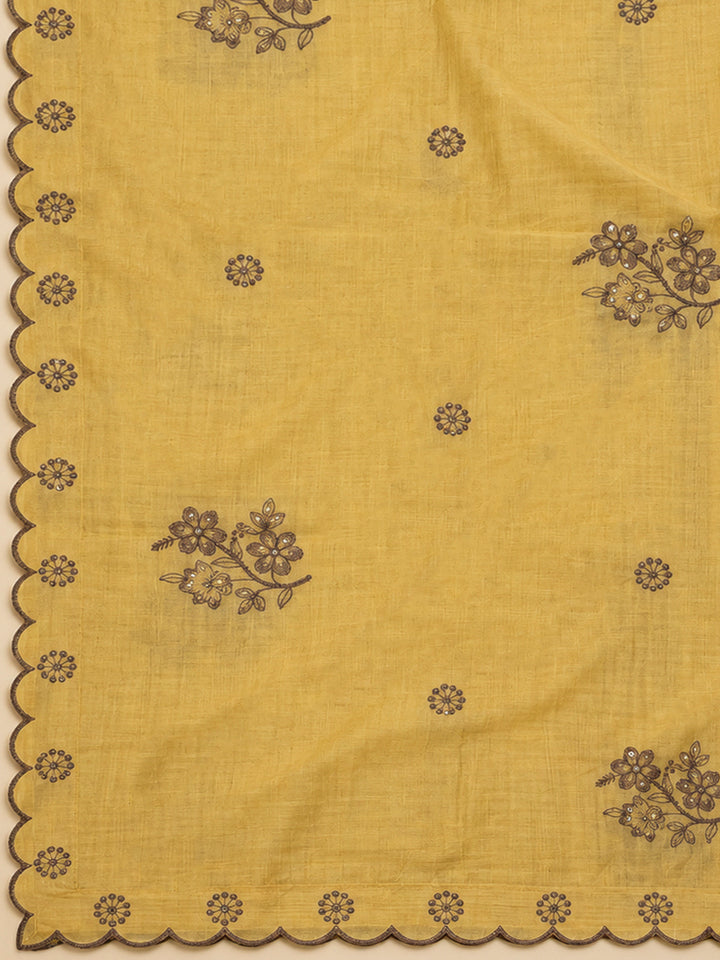 Mustard Chanderi Embroidered Unstitched Dress Material