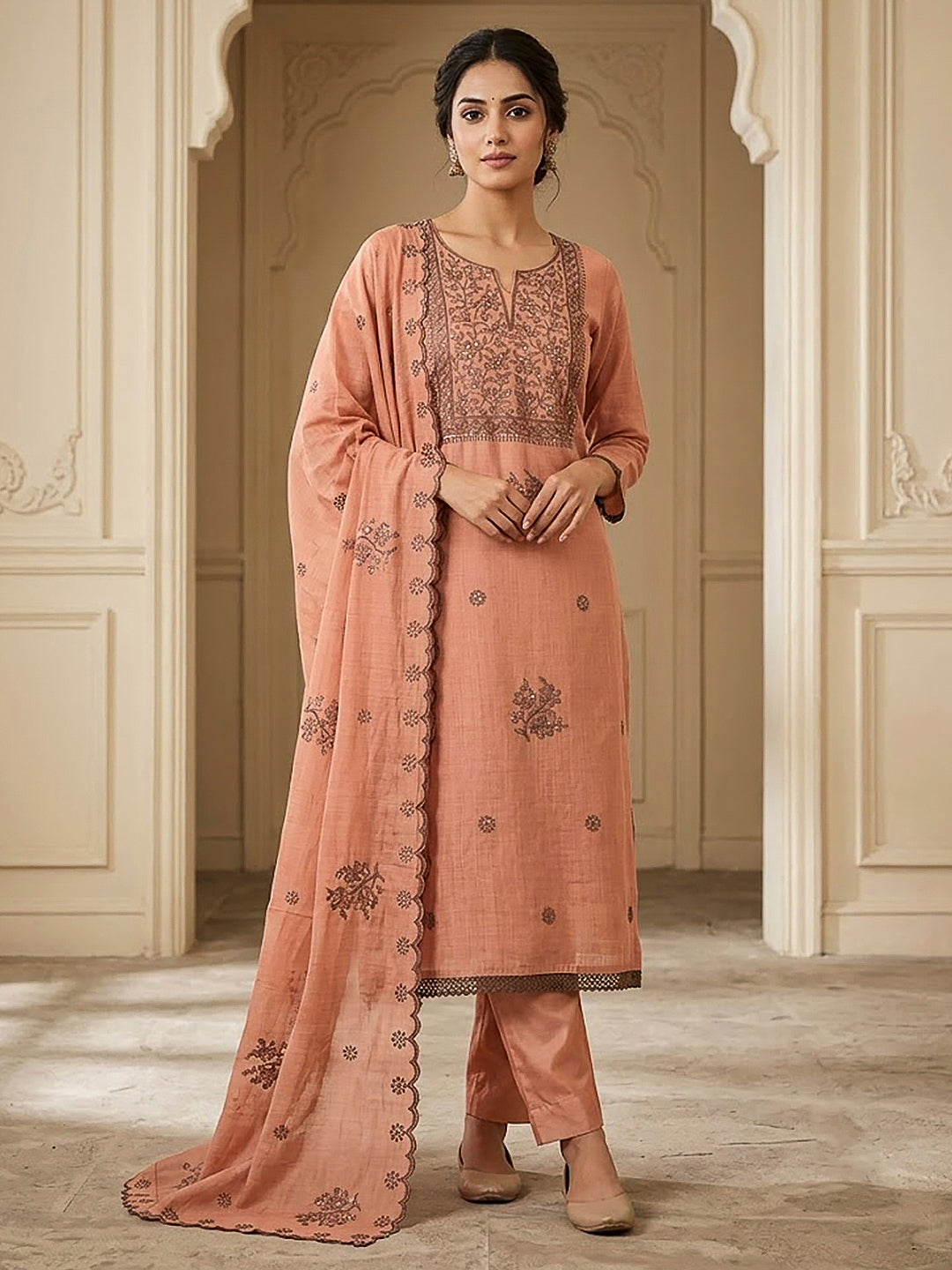 Peach Chanderi Embroidered Unstitched Dress Material