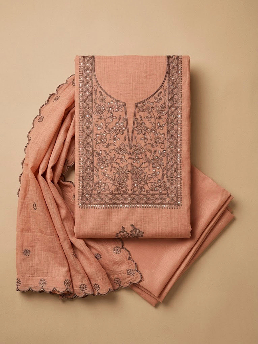 Peach Chanderi Embroidered Unstitched Dress Material