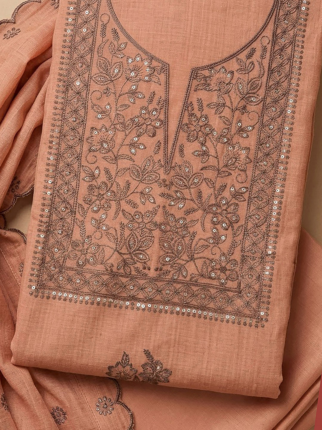 Peach Chanderi Embroidered Unstitched Dress Material