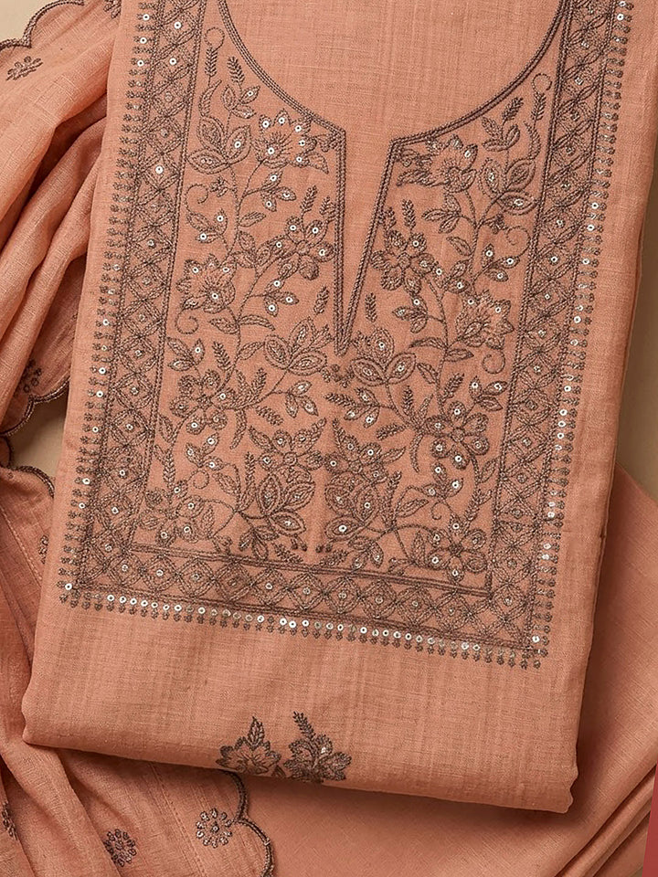 Peach Chanderi Embroidered Unstitched Dress Material