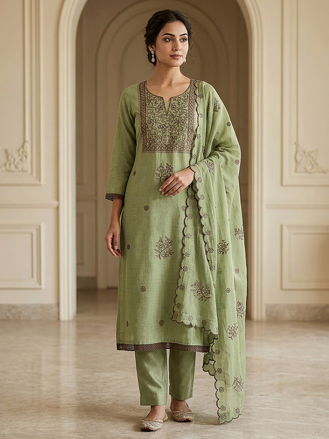 Pista Green Chanderi Embroidered Unstitched Dress Material