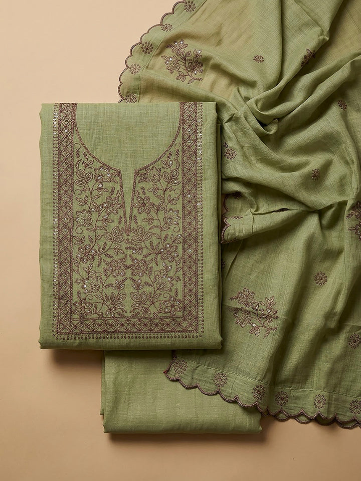 Pista Green Chanderi Embroidered Unstitched Dress Material