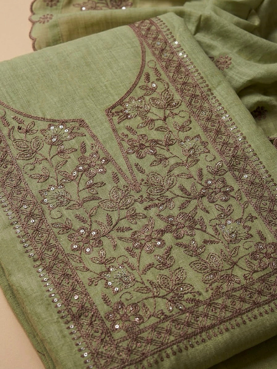 Pista Green Chanderi Embroidered Unstitched Dress Material