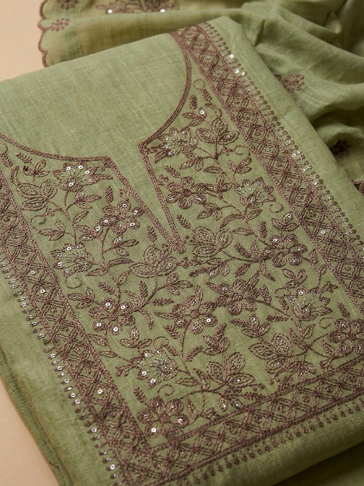 Pista Green Chanderi Embroidered Unstitched Dress Material