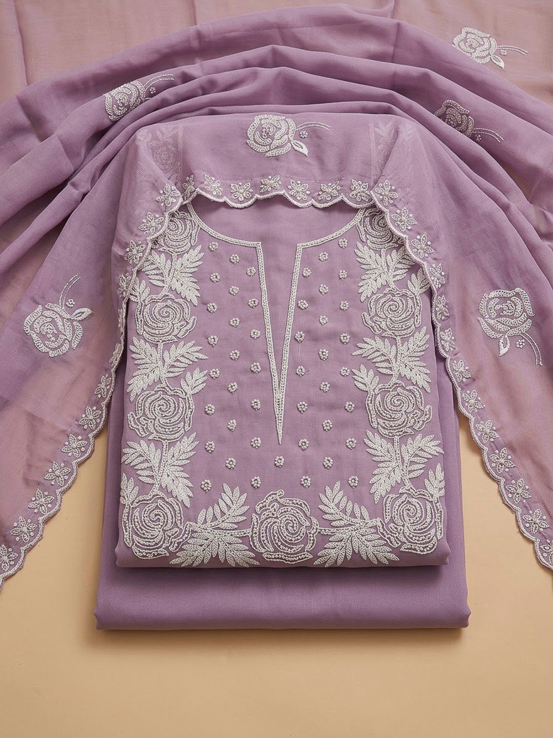 Lavender Chanderi Embroidered Unstitched Dress Material