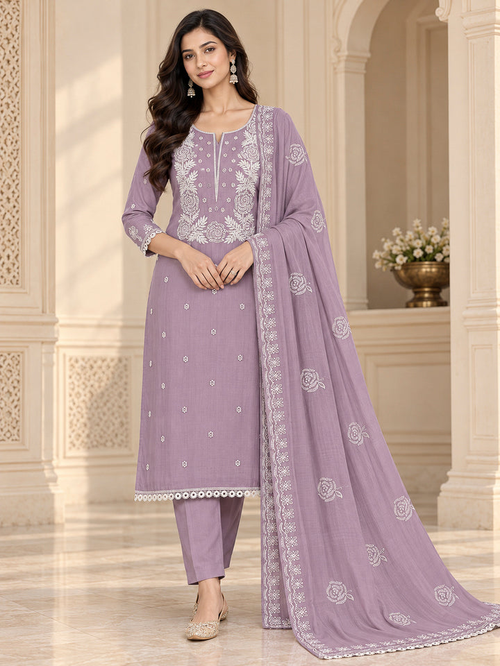 Lavender Chanderi Embroidered Unstitched Dress Material
