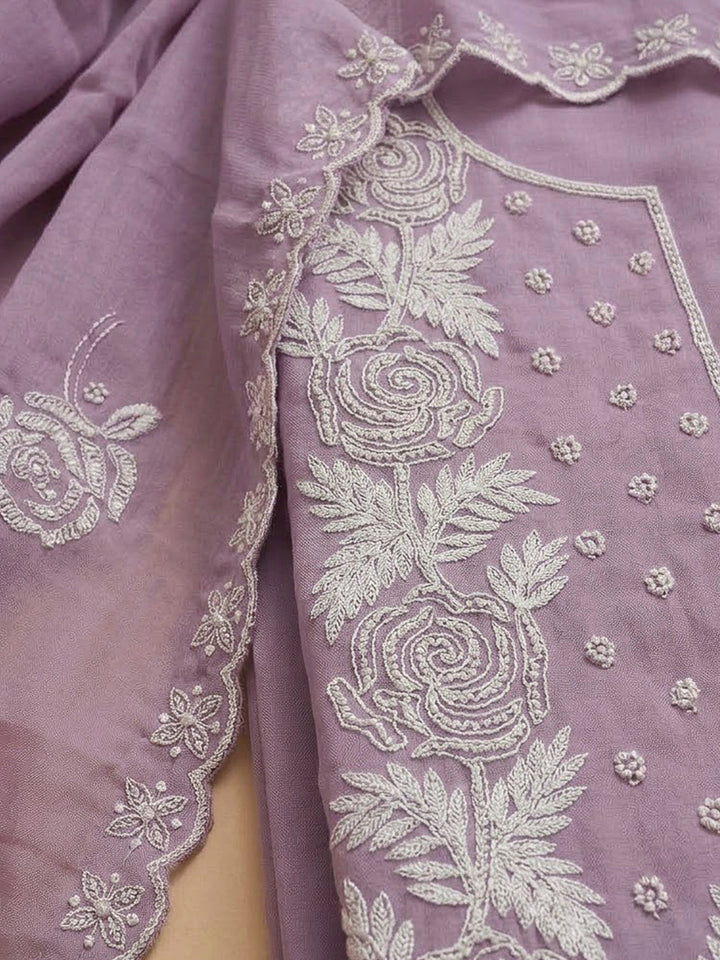 Lavender Chanderi Embroidered Unstitched Dress Material