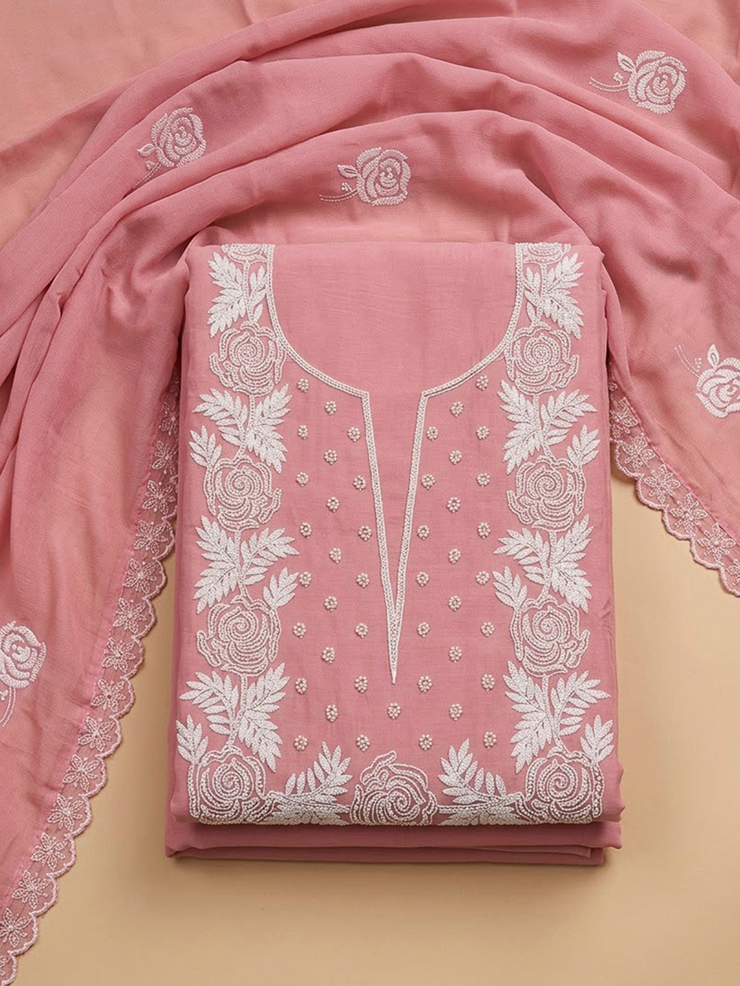 Peach Chanderi Embroidered Unstitched Dress Material
