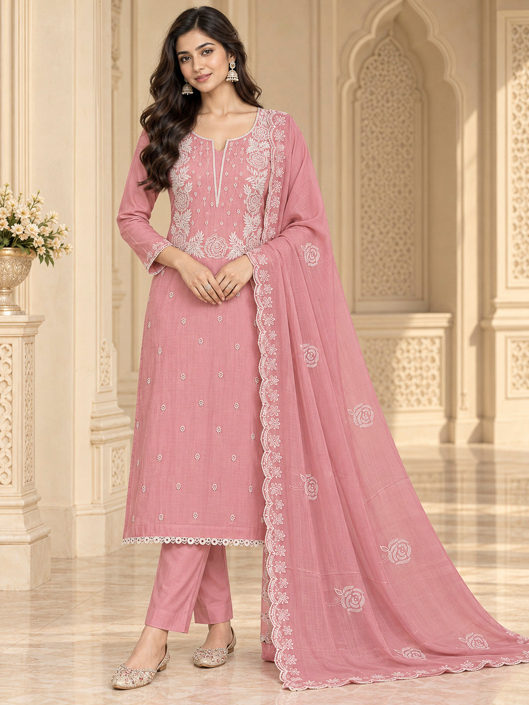 Peach Chanderi Embroidered Unstitched Dress Material