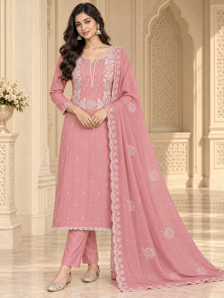 Peach Chanderi Embroidered Unstitched Dress Material