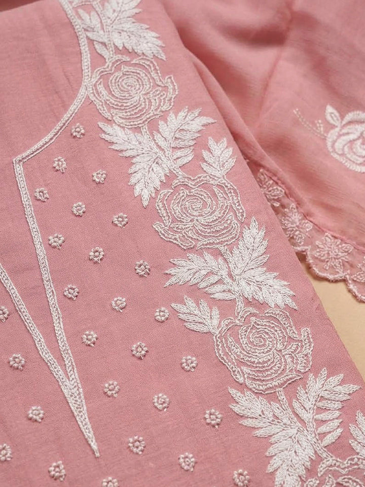 Peach Chanderi Embroidered Unstitched Dress Material