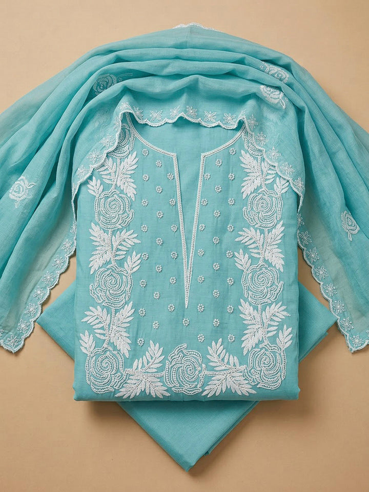 Sky Blue Chanderi Embroidered Unstitched Dress Material