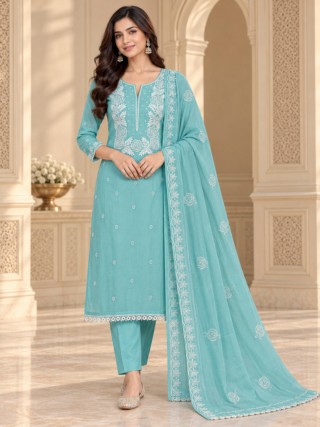 Sky Blue Chanderi Embroidered Unstitched Dress Material