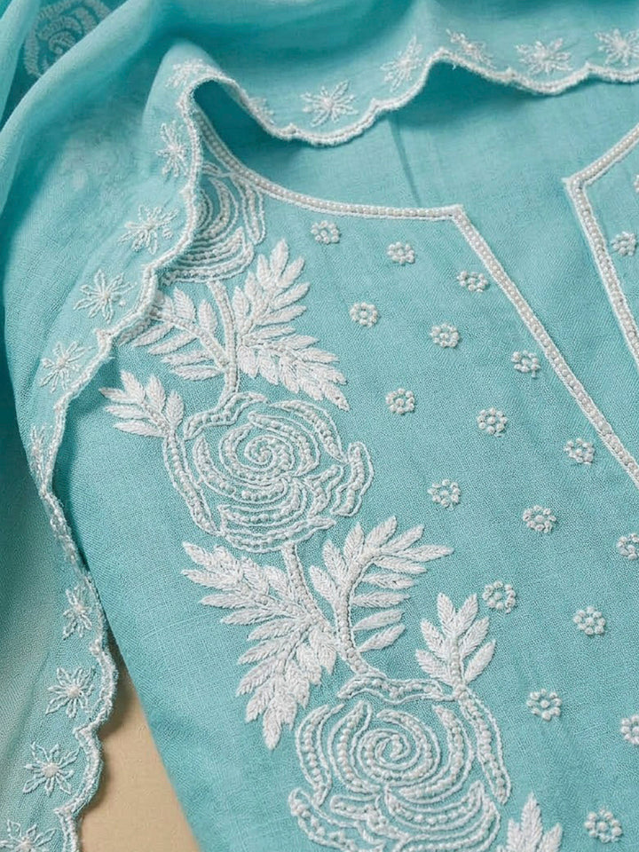 Sky Blue Chanderi Embroidered Unstitched Dress Material