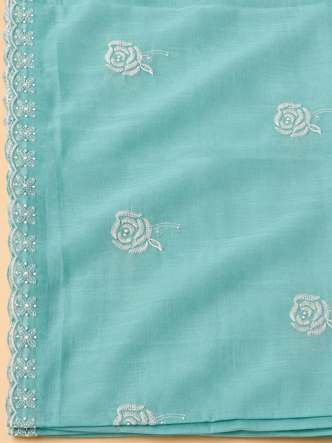 Sky Blue Chanderi Embroidered Unstitched Dress Material