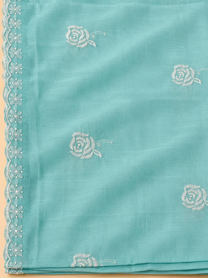 Sky Blue Chanderi Embroidered Unstitched Dress Material
