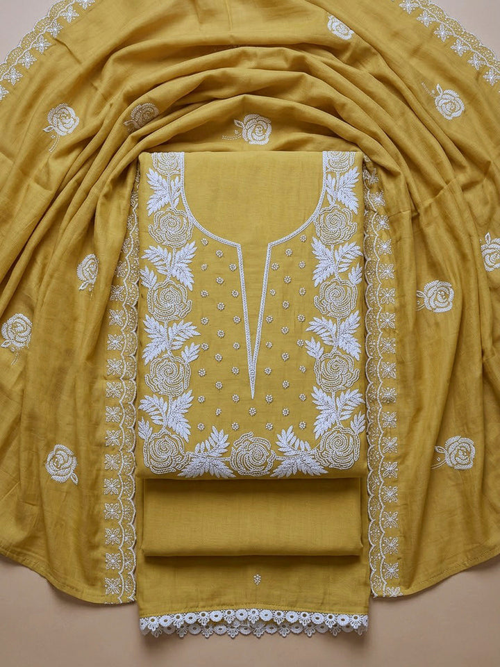Yellow Chanderi Embroidered Unstitched Dress Material